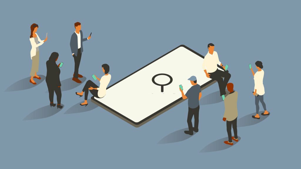 Eight people surround an oversized phone with a search icon on-screen. Everyone uses smartphones themselves. Isometric vector illustration leverages a limited color palette on a 16x9 artboard. Icon created from scratch by the illustrator.